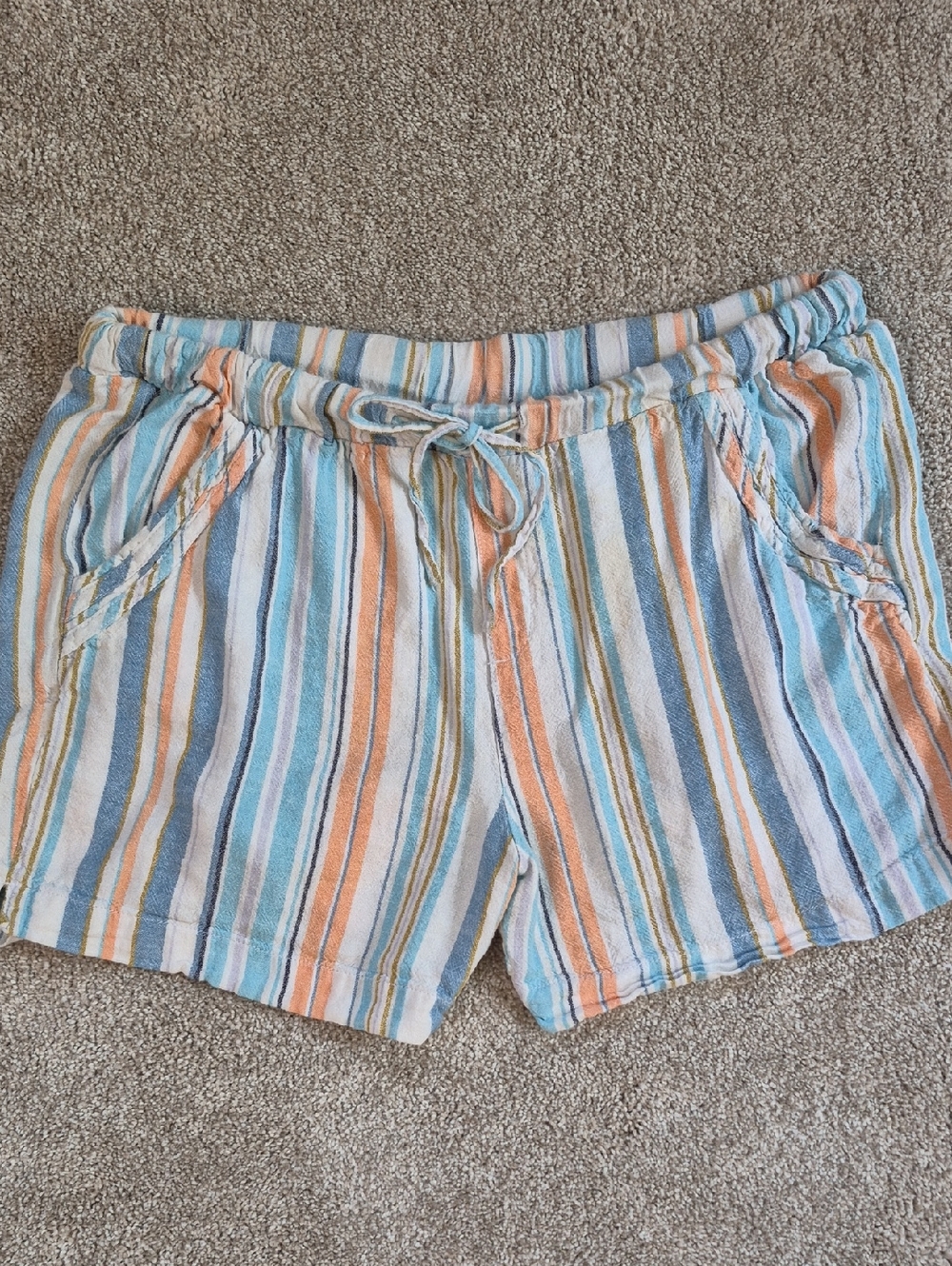 Striped Cotton Drawstring Women’s Shorts - Blue, Orange, White